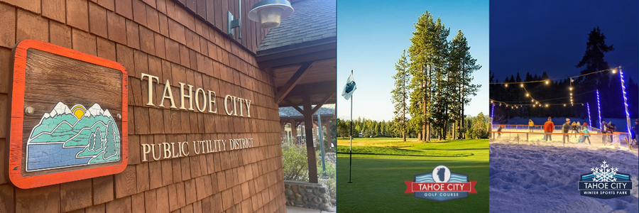 banner with three images of the TCPUD admin building, golf course, and ice rink 